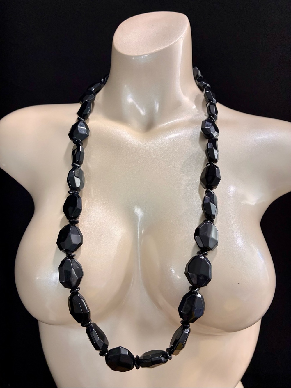 Oversized Black Faceted Bead Long Necklace Rockabilly Retro Inspired Goth Whimsy
